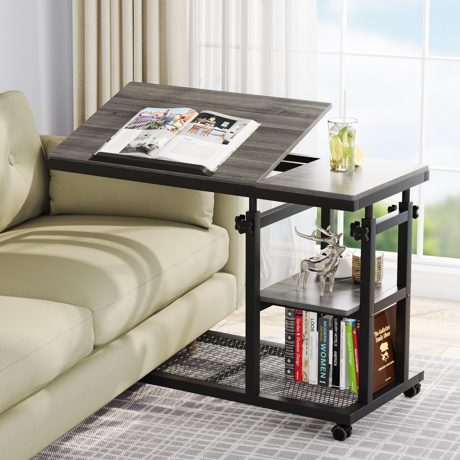 Height Adjustable C Side Table with Rolling Wheels